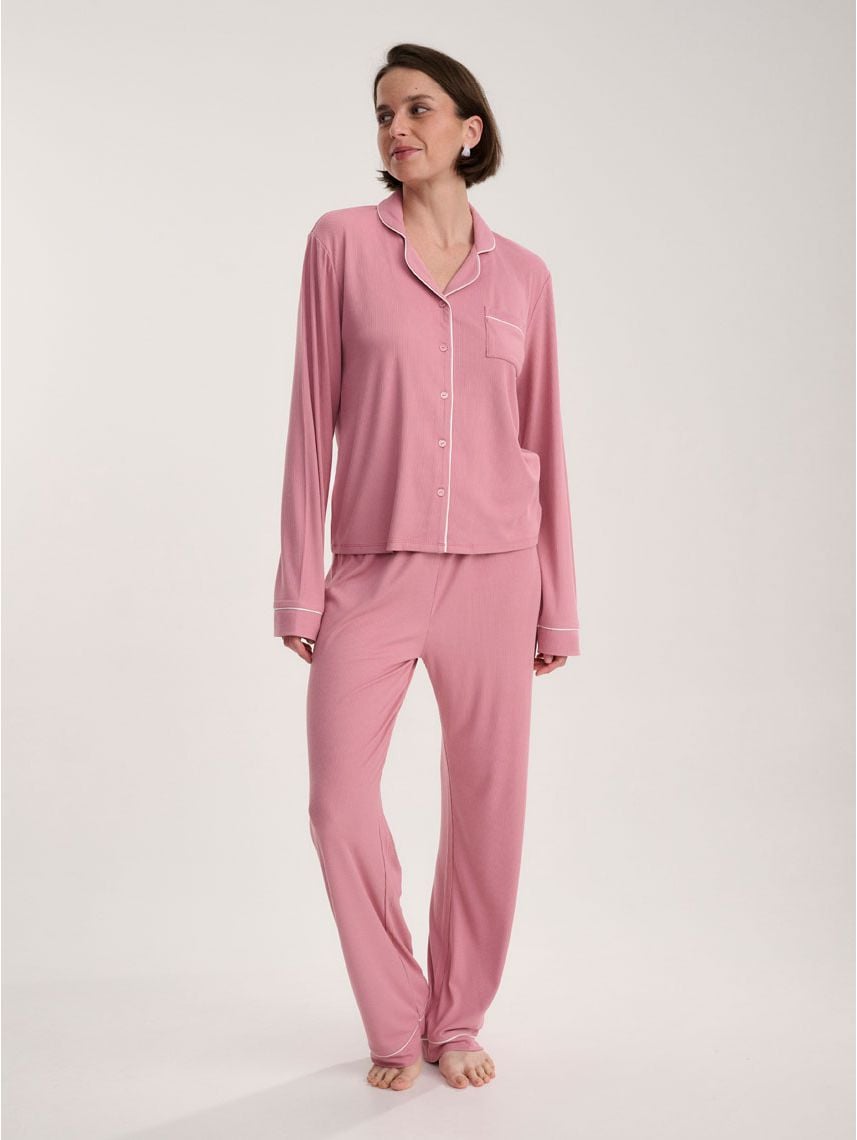 סט פיג’מה מכופתרת ארוכה
